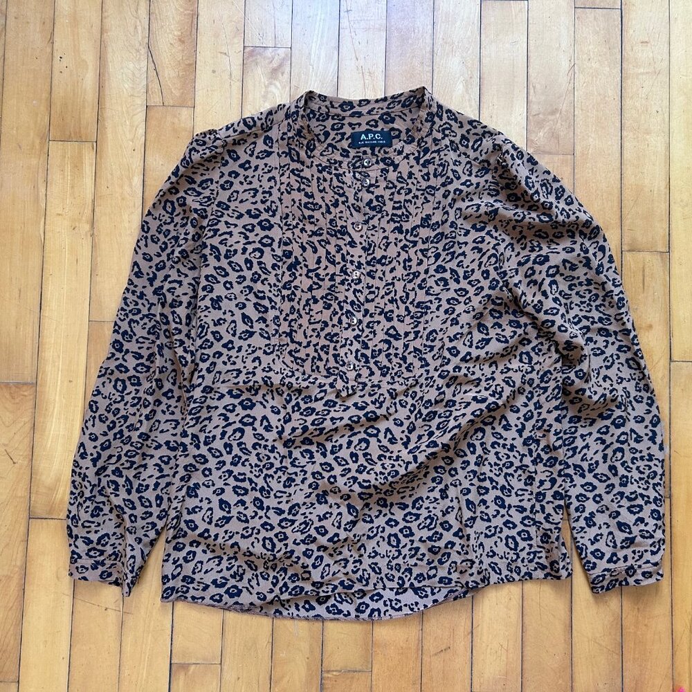 A.P.C. 100% Silk Leopard Print Popover Blouse 38